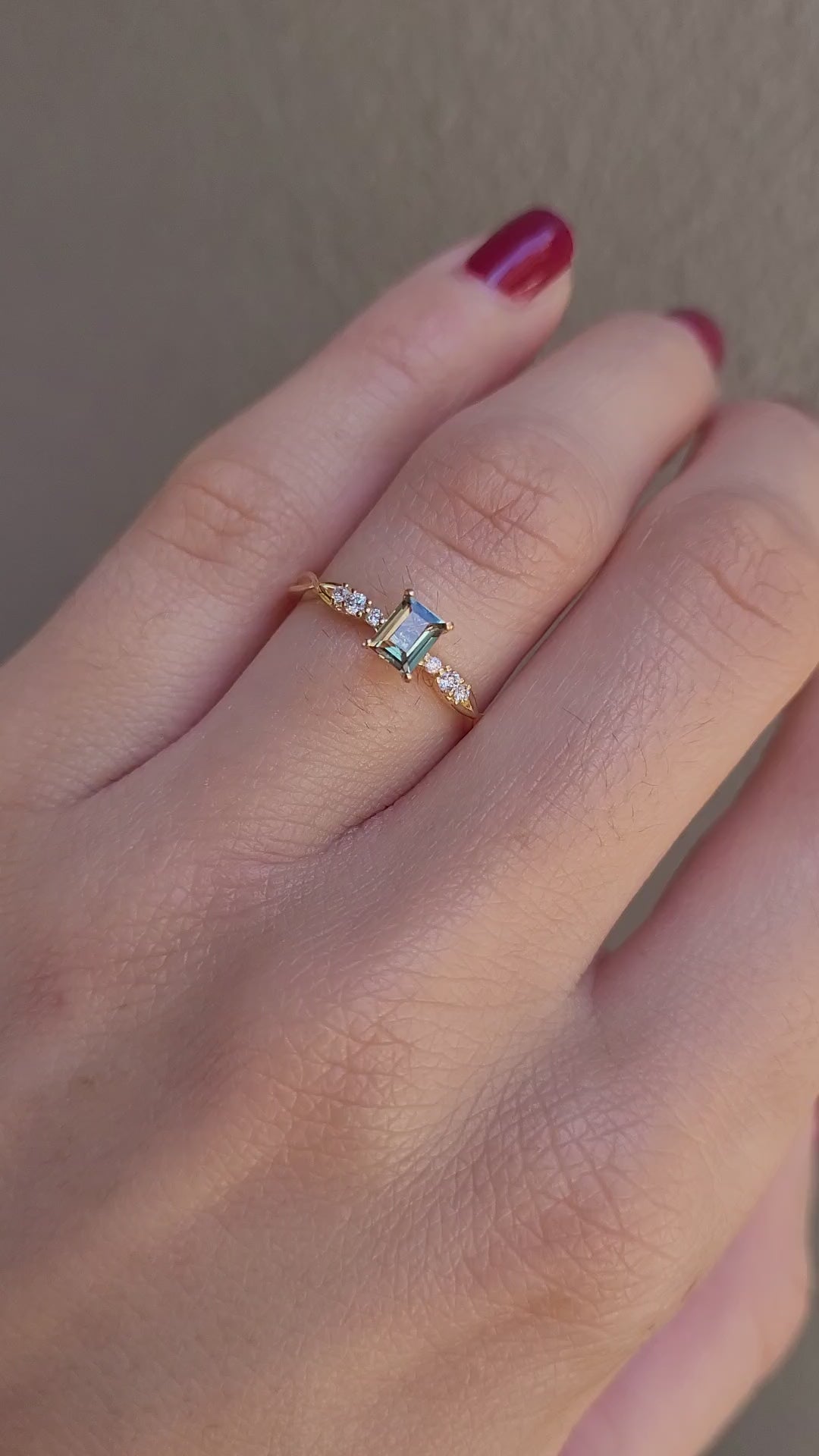 video of front view of Natural Alexandrite and Diamond Ring 0.38ct Princess Cut in 18K Yellow Gold in neutral background