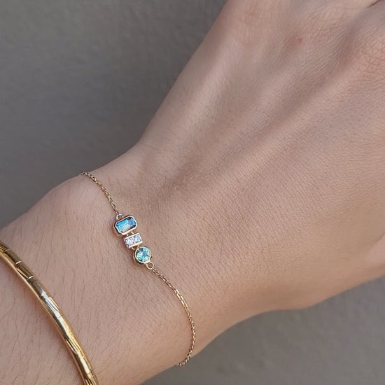 Dainty Australian Teal Sapphire & Diamond Bracelet in 18K Yellow Gold