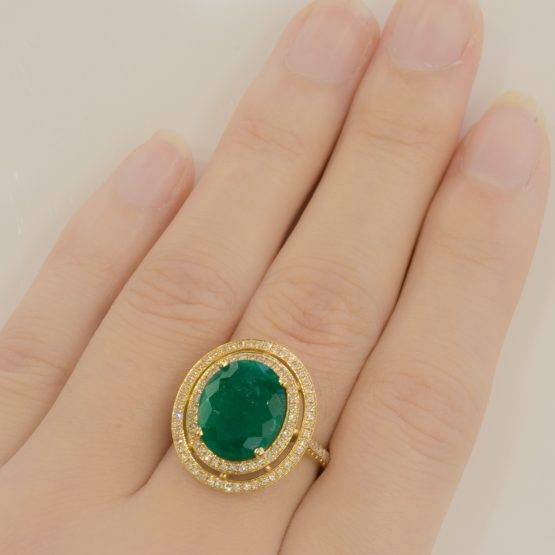 4.54ct Colombian Emerald and Diamond Double Halo Ring in 18k Yellow Gold - 198223-1