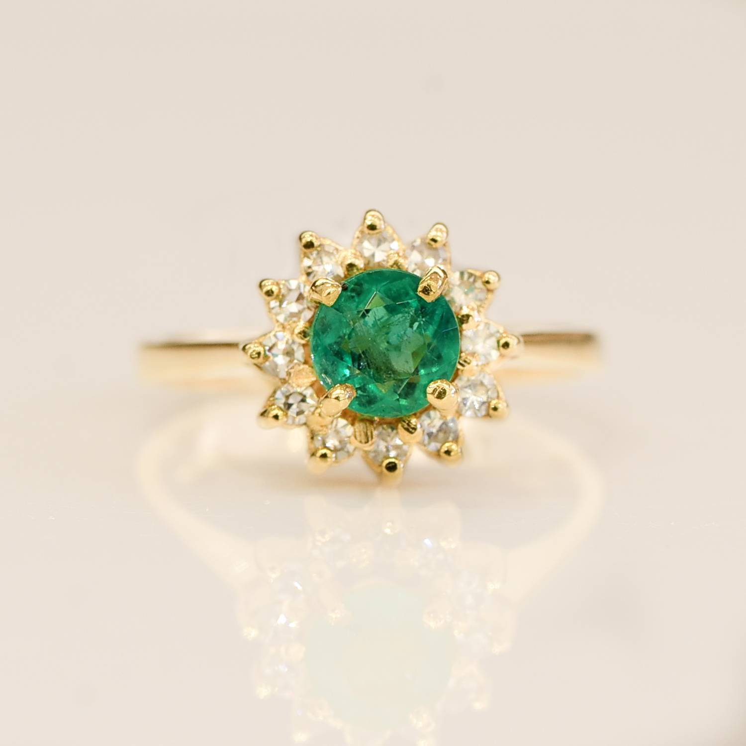 Natural Colombian Emerald Flower Style Halo Ring 18K Yellow Gold