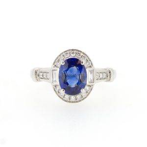 Art Deco Natural Blue Sapphire and Diamond Ring in 18K White Gold