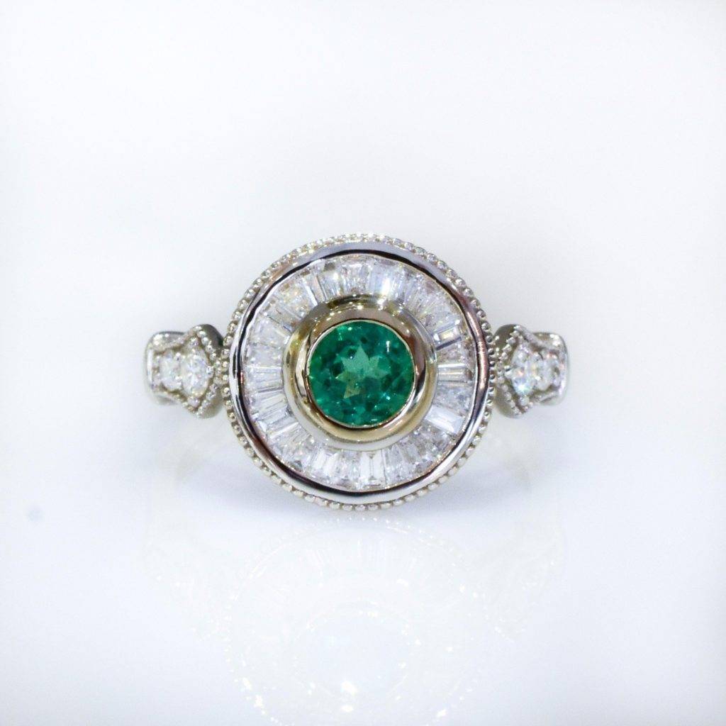 Buy Round Colombian Emerald bezel set Baguette Halo Ring
