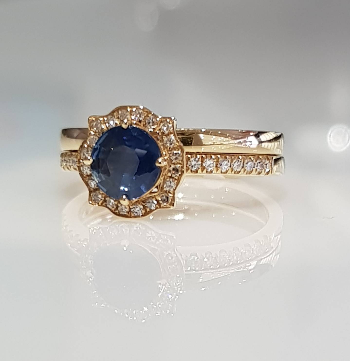 Vintage Style Oval Sapphire and Oval Diamond Ring in 14k White Gold  (GR-5269)