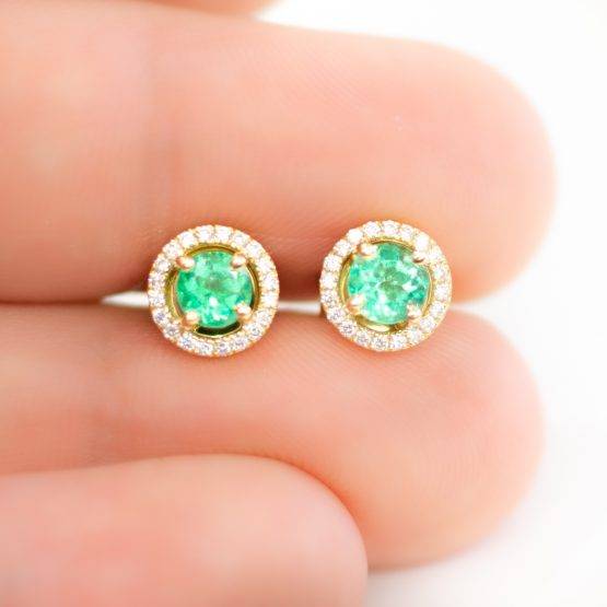 Emerald Diamond Halo Stud Earrings - 1982264