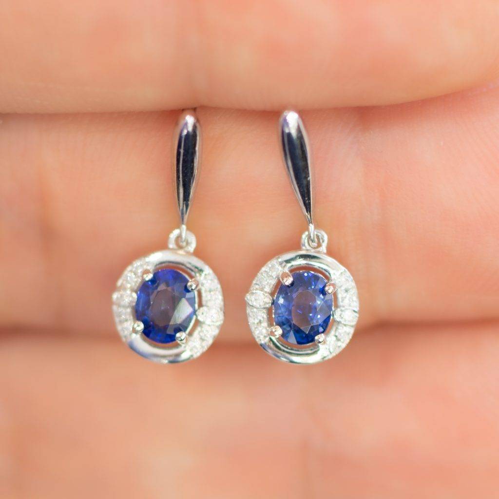 Natural Blue Sapphire And Diamond Drop Earrings In K White Gold