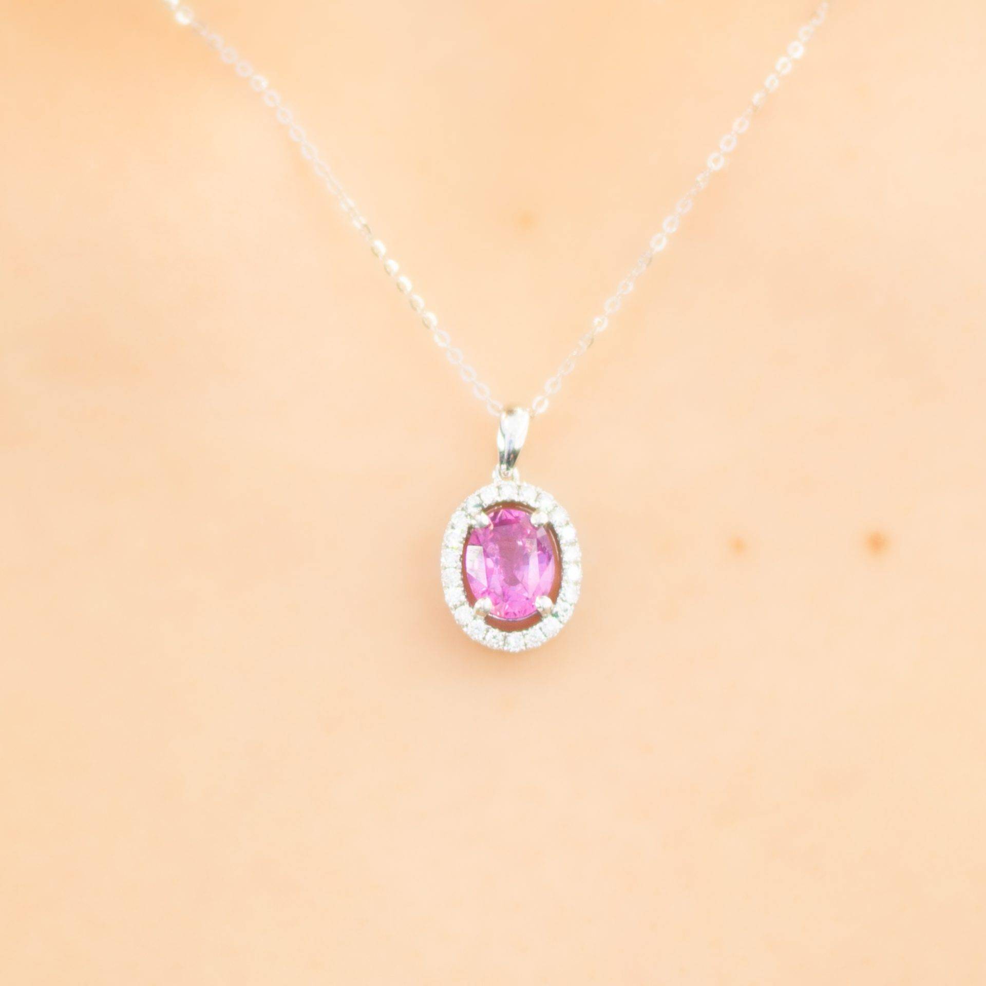 14kt gold pink sapphire heart bezel half tennis necklace | Luna Skye