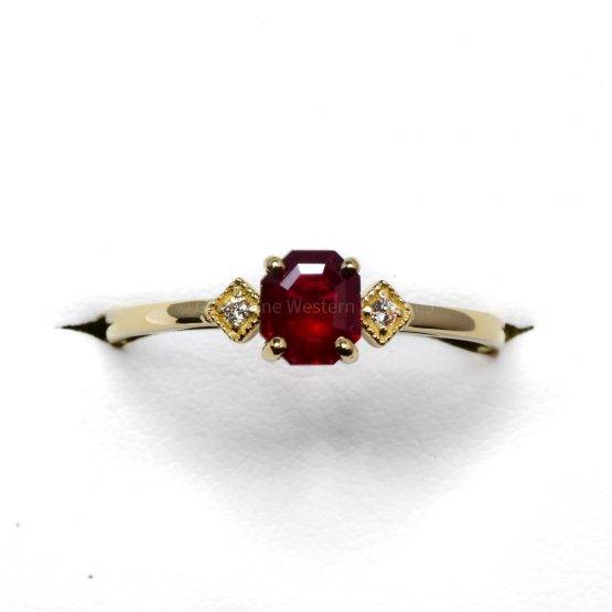 Ruby and Diamond Three Stone Petite Minimal Thin Ring - 1982373
