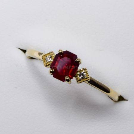 Ruby and Diamond Three Stone Petite Minimal Thin Ring - 1982373-1