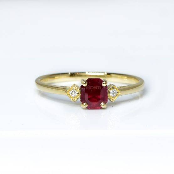 Ruby and Diamond Three Stone Petite Minimal Thin Ring - 1982373-2