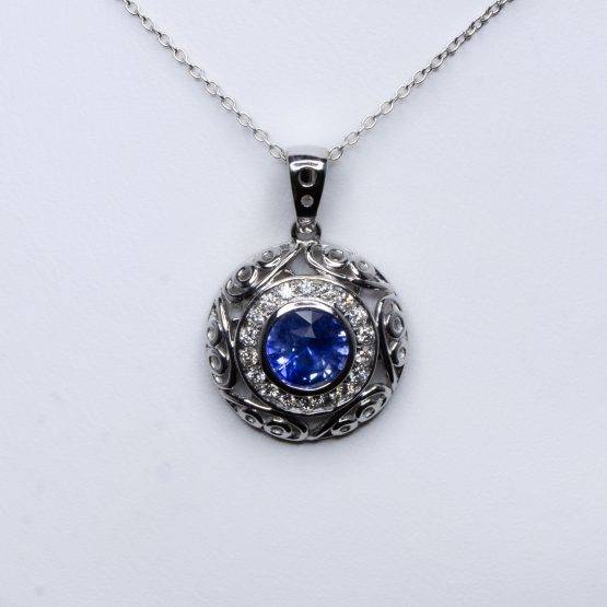 Natural Unheated Blue Sapphire and Diamond Pendant in18K White Gold - 1982377