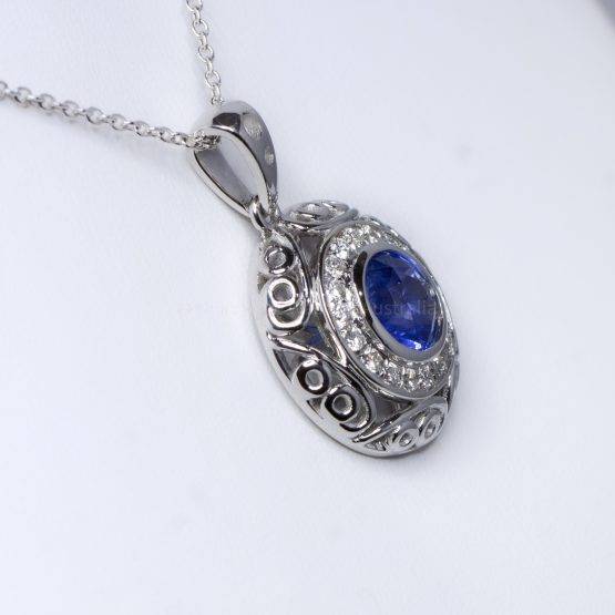 Natural Unheated Blue Sapphire and Diamond Pendant in18K White Gold - 1982377-1