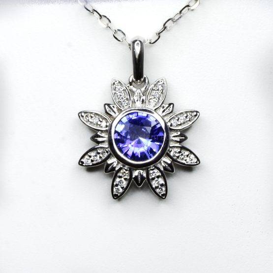 Cornflower Blue Sapphire and Diamonds Flower Pendant in 18K White Gold - 1982380