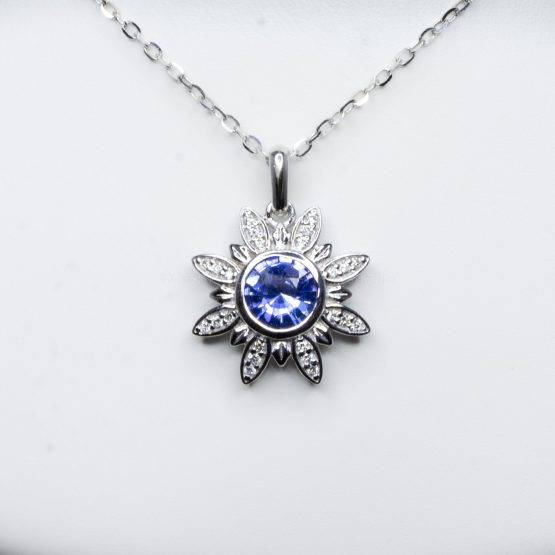 Cornflower Blue Sapphire and Diamonds Flower Pendant in 18K White Gold - 1982380-1