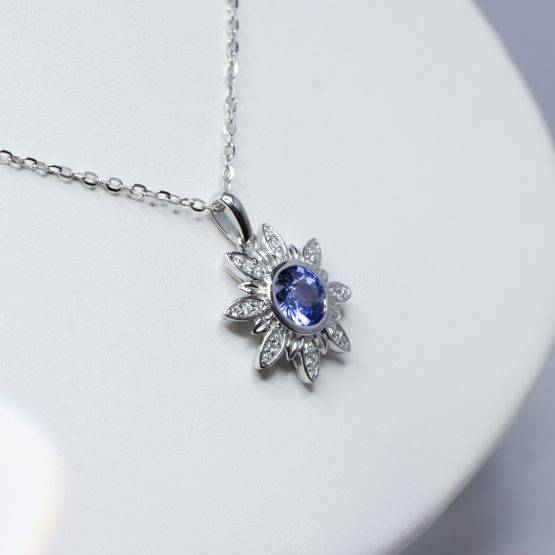 Cornflower Blue Sapphire and Diamonds Flower Pendant in 18K White Gold - 1982380-2