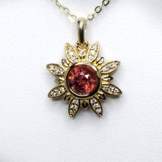 Orangy Red Sapphire and Diamonds Flower Pendant in 18K Yellow Gold - 1982378-6