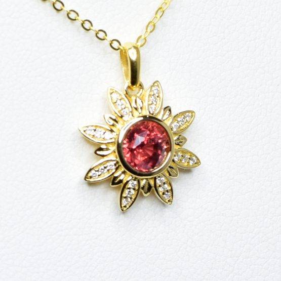 Orangy Red Sapphire and Diamonds Flower Pendant in 18K Yellow Gold - 1982378
