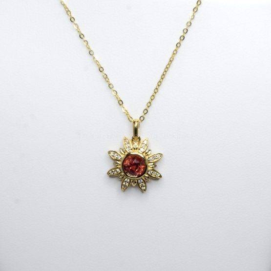 Orangy Red Sapphire and Diamonds Flower Pendant in 18K Yellow Gold - 1982378-2