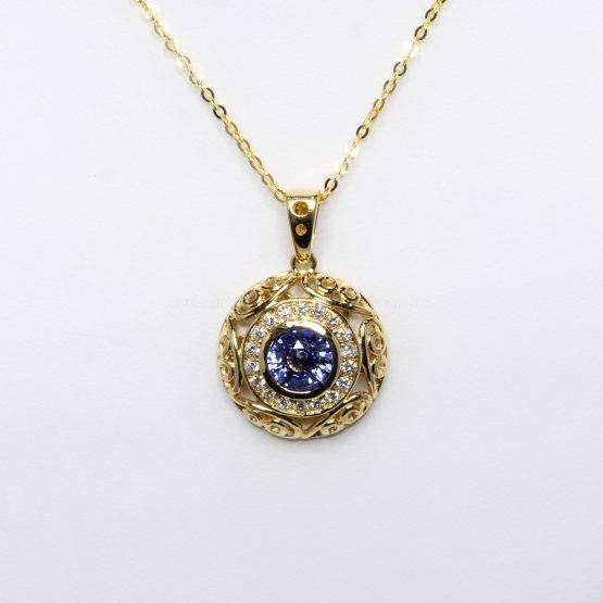 Natural Unheated Blue Sapphire and Diamond Pendant in 18K Yellow Gold - 1982379