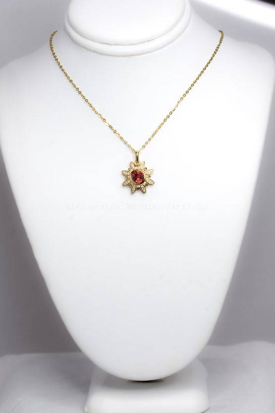 Orangy Red Sapphire and Diamonds Flower Pendant in 18K Yellow Gold - 1982378-3
