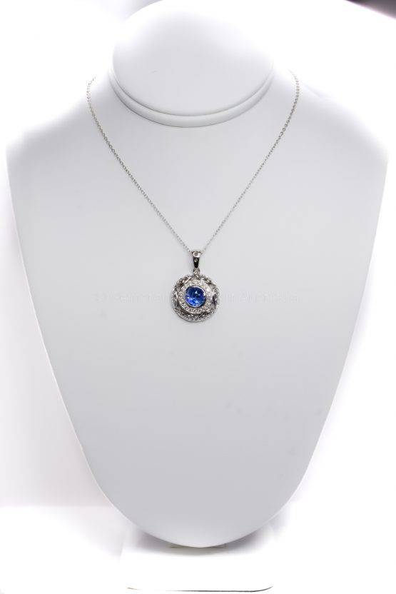 Natural Unheated Blue Sapphire and Diamond Pendant in18K White Gold - 1982377-4