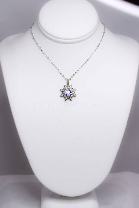 Cornflower Blue Sapphire and Diamonds Flower Pendant in 18K White Gold - 1982380-6