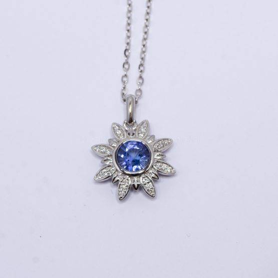 Cornflower Blue Sapphire and Diamonds Flower Pendant in 18K White Gold - 1982380-7