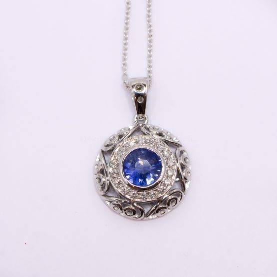 Natural Unheated Blue Sapphire and Diamond Pendant in18K White Gold - 1982377-5