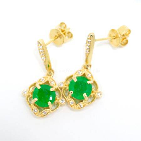Colombian Emerald and Diamond Vintage Inspired Dangle Earrings 18K Gold - 1982382-2