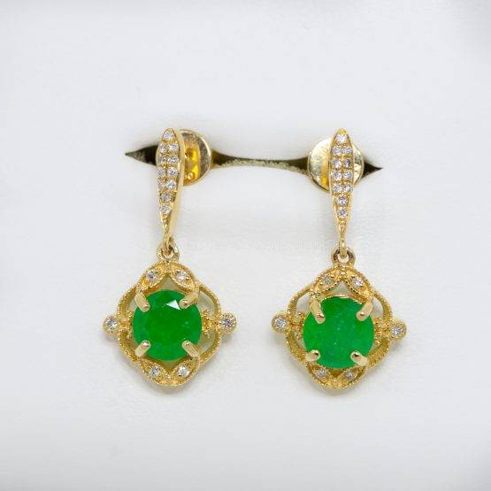Colombian Emerald and Diamond Vintage Inspired Dangle Earrings 18K Gold - 1982382-3