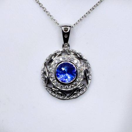 Natural Unheated Blue Sapphire and Diamond Pendant in18K White Gold - 1982377-7