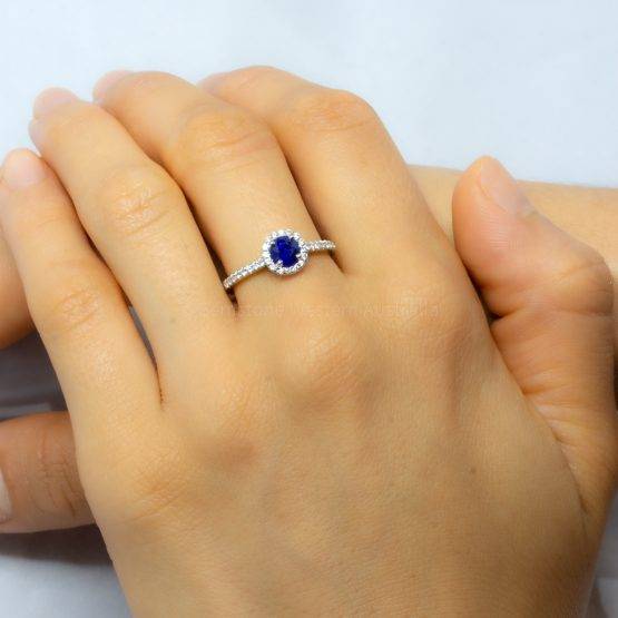 Natural Blue Sapphire Ring Sapphire Diamond Halo Ring 18K Gold - 1982403-3
