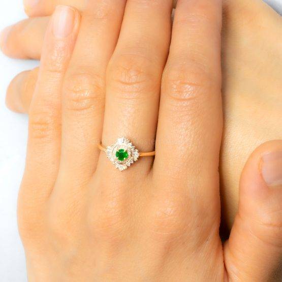 18K Yellow Gold Colombian Emerald Engagement Ring Art Deco Style - 1982400-1