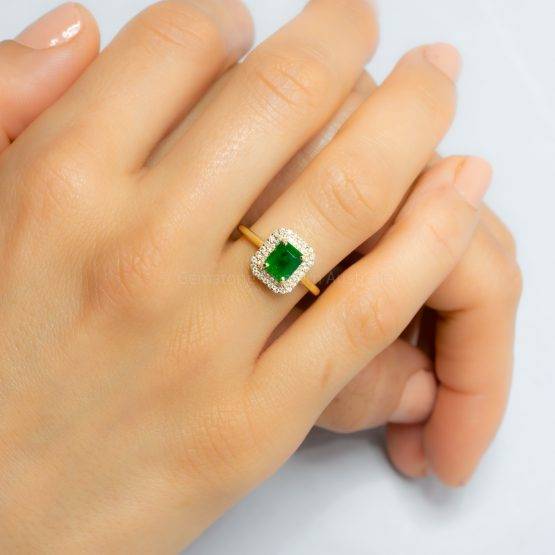 1.15ct Colombian Emerald Ring Emerald Cut Halo Ring 18K Gold - 1982410-2