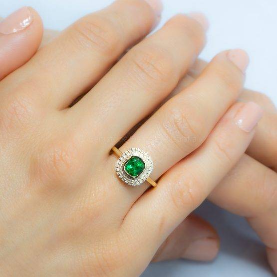 Colombian Emerald Halo Ring Double Halo Engagement Dress Ring 18K - 1982411-2