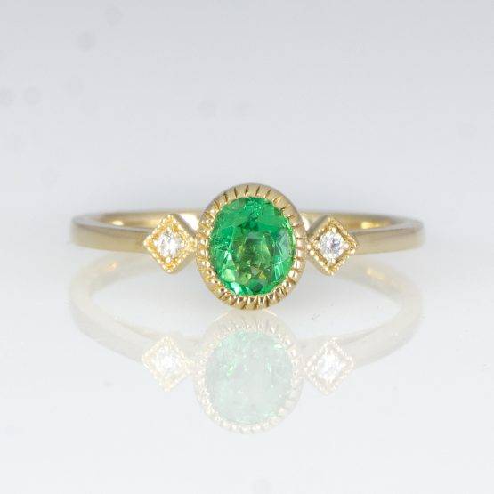 Colombian Emerald and Diamonds Ring Three Stone Natural Emerald Ring in Yellow Gold - 1982451