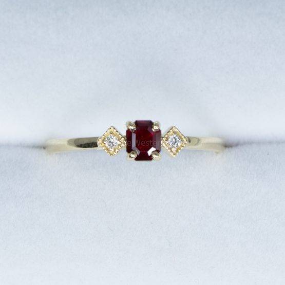 Ruby and Diamond Ring Three Stone Ring Petite Minimal Thin Ring in Yellow Gold - 1982435-3