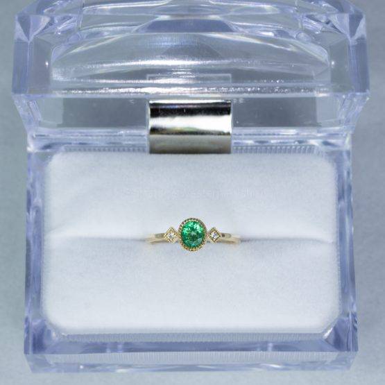 Colombian Emerald and Diamonds Ring Three Stone Natural Emerald Ring in Yellow Gold - 1982451-4