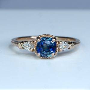 Unheated Teal Sapphire and Diamond Ring in Rose Gold - 1982460