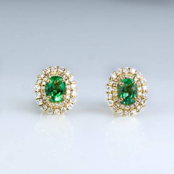 Colombian Emerald Diamond Halo Stud Earrings 18K Yellow Gold - 1982468