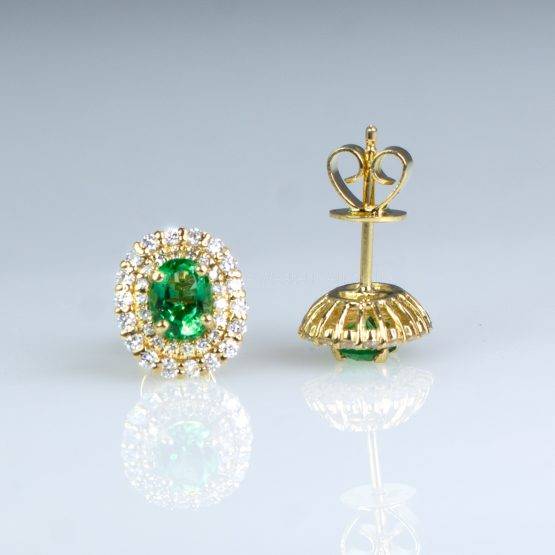 Colombian Emerald Diamond Halo Stud Earrings 18K Yellow Gold - 1982468-1