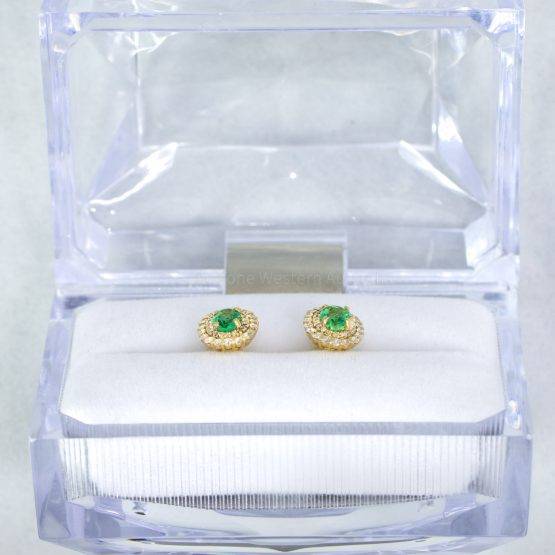 Colombian Emerald Diamond Halo Stud Earrings 18K Yellow Gold - 1982468-4