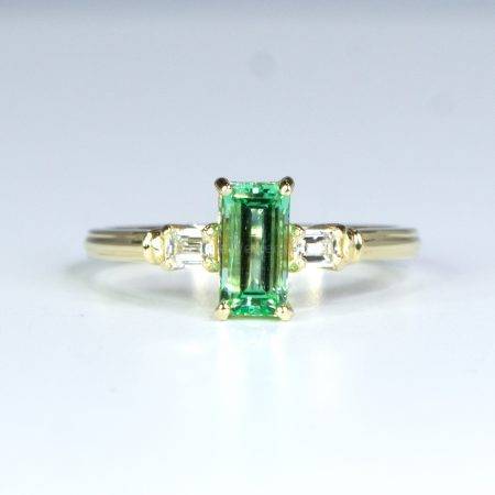Emerald Cut Three Stone Ring Untreated Colombian Emerald and Diamonds Ring - 1982470
