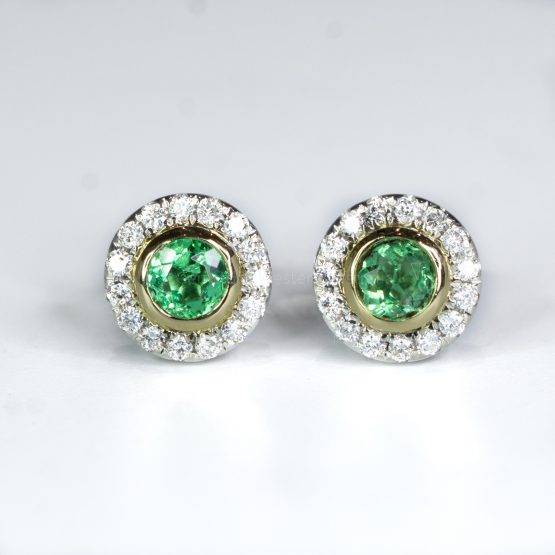 Round Colombian Emerald and Diamond Stud Earrings - 1982472