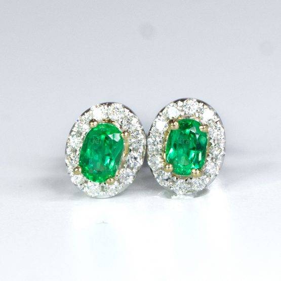 Diamond Halo Emerald Stud Earrings - 1982473