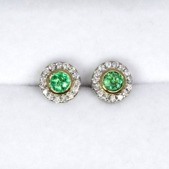 Round Colombian Emerald and Diamond Stud Earrings - 1982472-3