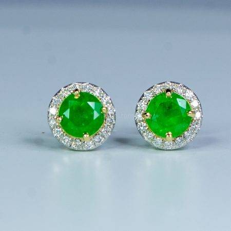 Round Colombian Emerald and Diamond Stud Earrings - 1982477