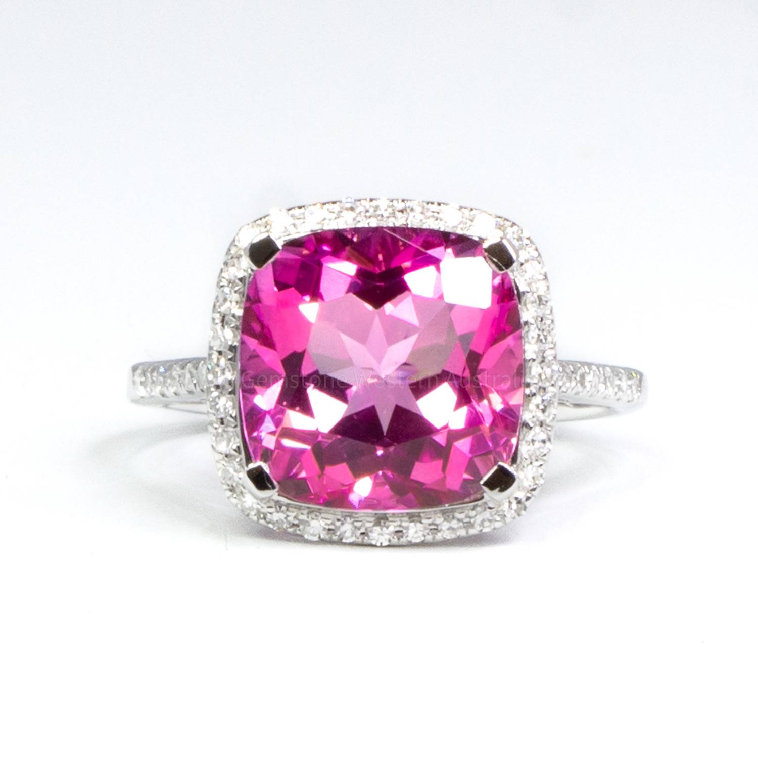 Natural Pink Topaz and Diamond Halo Ring - Gemstone Western Australia