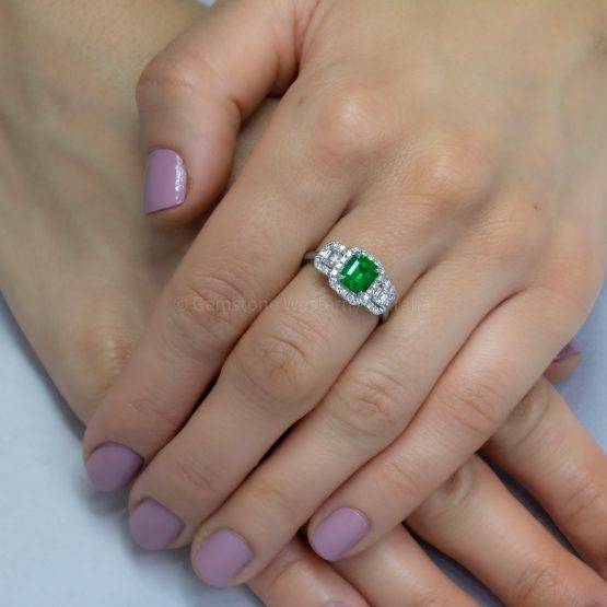 Colombian Emerald Three Stone Halo Ring Emerald and Diamond Three Stone Ring - 1982489