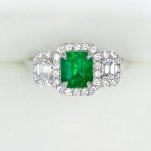 Colombian Emerald Three Stone Halo Ring Emerald and Diamond Three Stone Ring - 1982489-3