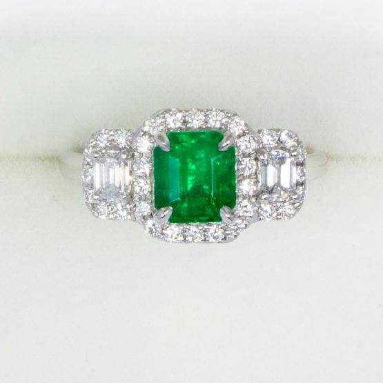 Colombian Emerald Three Stone Halo Ring Emerald and Diamond Three Stone Ring - 1982489-3